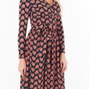 Brooks Brothers Faux Wrap Dress XS Black Red Floral Tie Waist Long Sleeve